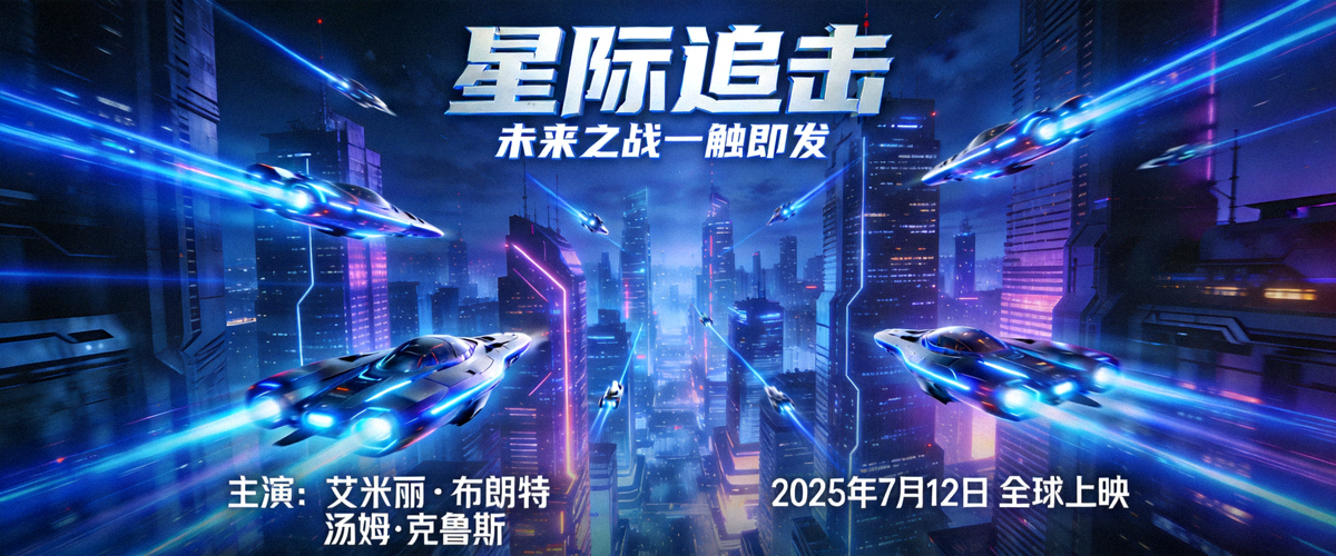 热门科幻动作电影巨幕海报，未来城市与飞行器场景