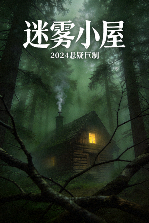 森林悬疑电影海报，迷雾中的神秘小屋
